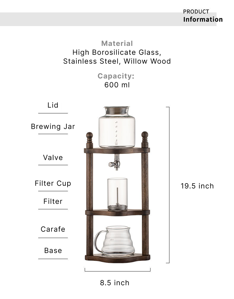 Cold Brew Ice Drip Coffee Maker Set, Solid Wood, Borosilicate Glass, Stainless Steel