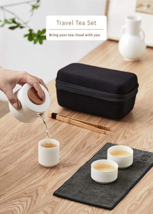 Travel Tea Set, Portable Tea Pot, Stackable, Ceramic and Wood