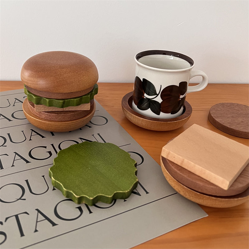 Burger-Shaped Coaster Set, Wood, Magnetic, Vintage