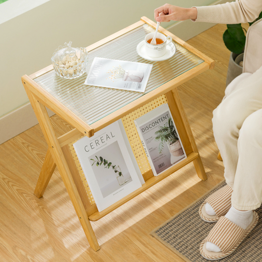 Side Table, Magazine Stand, Bamboo Frame with Glass Top